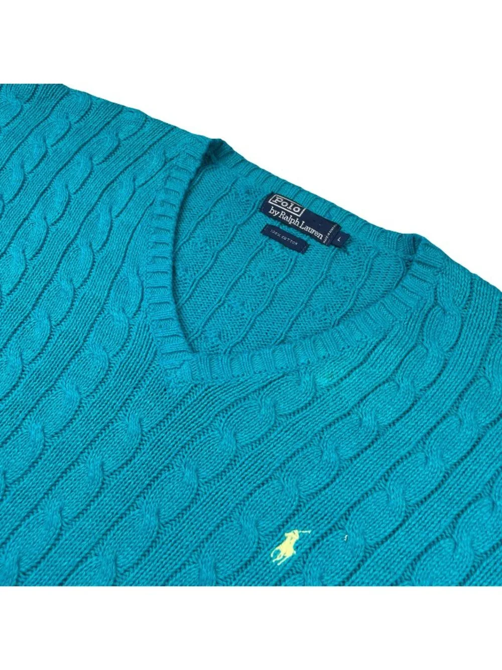 VTG Polo Ralph Lauren Men's 100% Cotton Cable-Knit V-Neck Sweater Teal • Large